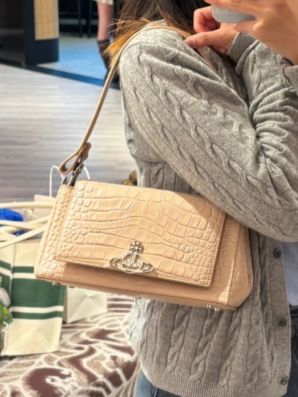 Vivienne Westwood Beige Croc-Embossed Leather Shoulder Bag